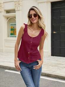 Fashionable Elegant Solid Color Cardigan Top, Knitted Fabric Button Ruffle Hem, Suitable For Commuting & Home Wear, Summer - Burgundy - View 1