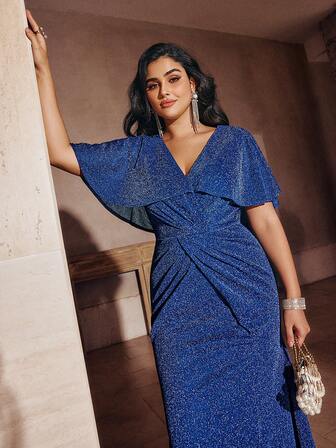 Plus Size Women's Solid Color Shiny Long Evening Gown With Waist Twist Detail, Suitable For Party, Birthday, Christmas