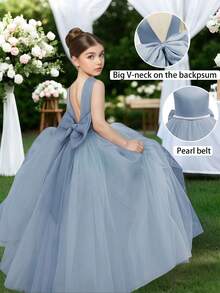 Girls' Elegant Bowknot Pearl Backless Dress, Princess Gown For Flower Girl, Birthday Party, Wedding, Prom, Christmas