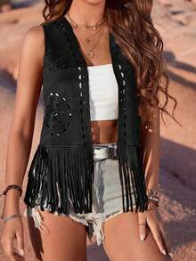 Women's Y2k Fringe Faux Suede Vest Casual Open Front Sleeveless Tassel Hippie Jacket Summer Vintage Cowgirl Waistcoat Streetwear