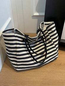 Canvas Tote Bag For Women, Large Capacity, New Summer Style, Versatile Shoulder Bag, Striped Texture, Suitable For School And Commute - Black and White - View 2