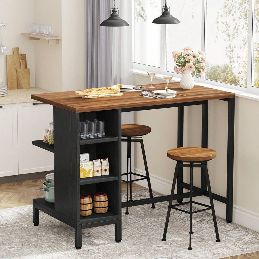 35.43" H Kitchen Island, Kitchen Shelf Bar Table With 5 Open Storage Shelves And Large Worktop, Industrial Butcher Block Island (Stools Not Included) Brown & Black - Brown & Black - View 1