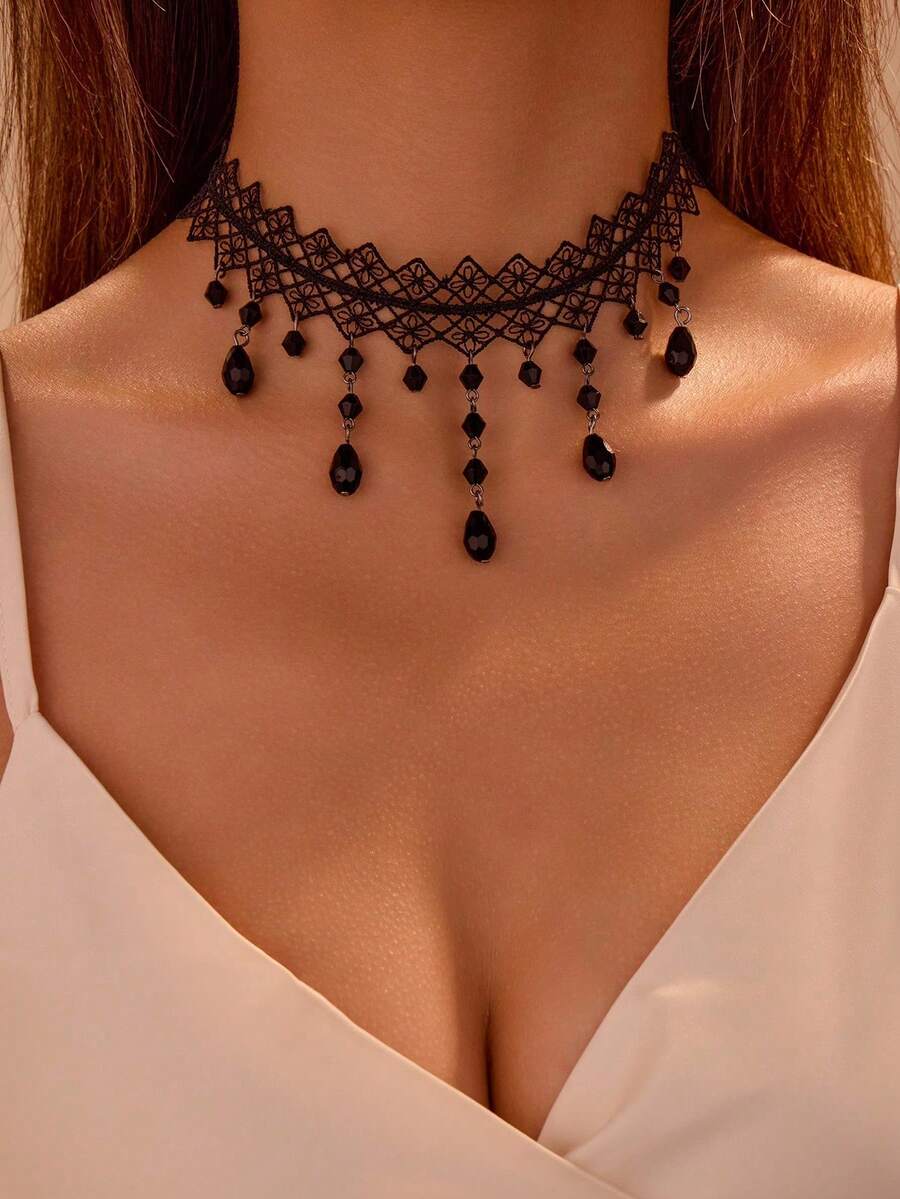 1pc Gothic Style Spider Web Lace Trim Black Crystal Tassel Necklace - Black - View 1