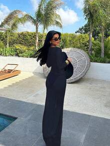 Vestido de verano para mujer sexy de malla transparente con hombros descubiertos y manga larga tipo ajustado - Azul Marino - Ver 3