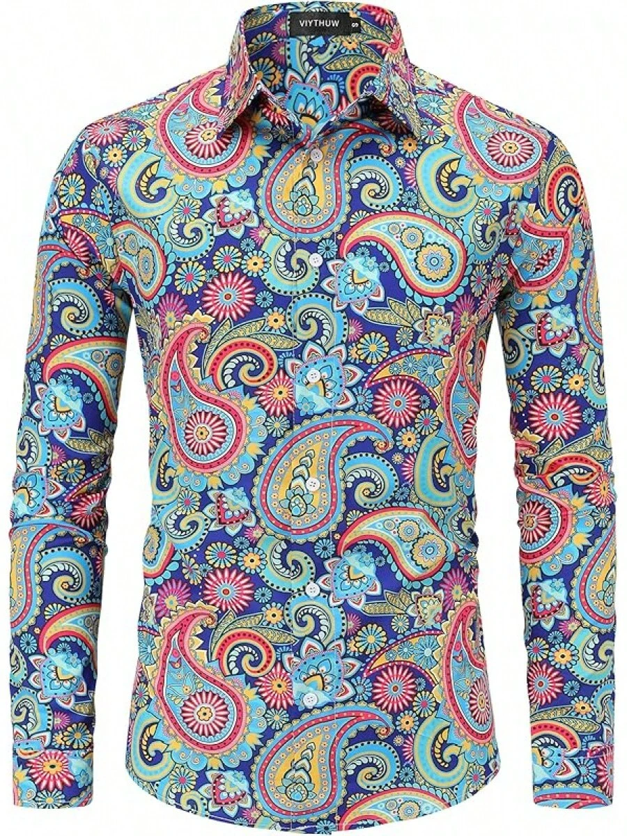 70s Outfits For Men Long Sleeve Casual Button Down 70s Disco Retro Paisley Shirt 70s Floral Vintage Hip Hop Shirts-20256688 - 顏色---3 - 查看 1