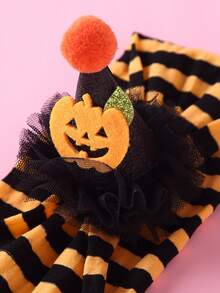 2pcs/Set Cute Baby Hair Accessories, 3D Mesh Floral Pom Pom Hat Decor, Soft Comfortable Striped Nylon Baby Headband, Halloween Party Holiday Headpiece