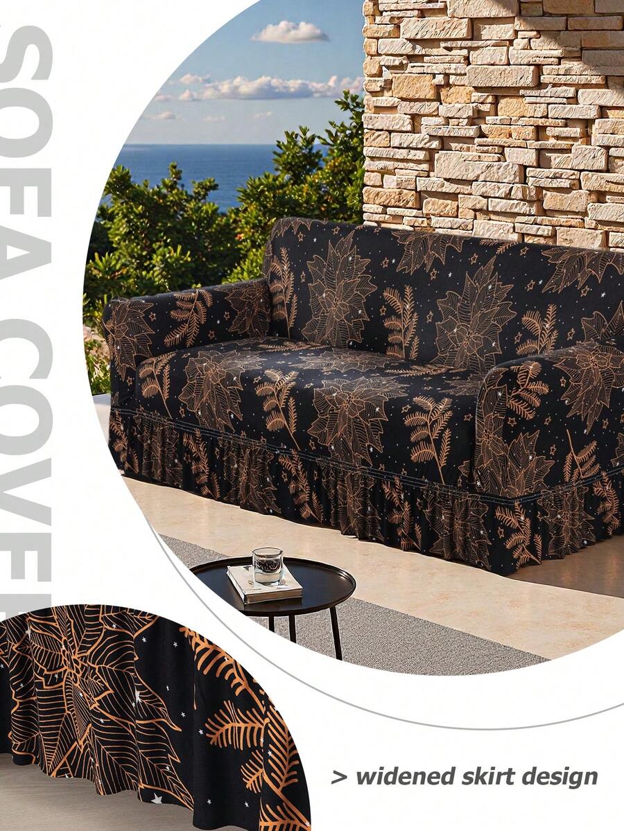 1pc Skirt Style Stretch Sofa Cover, Soft & Comfortable, Printed Stretch Furniture Protector, Multiple Sizes Available - Black - View 1