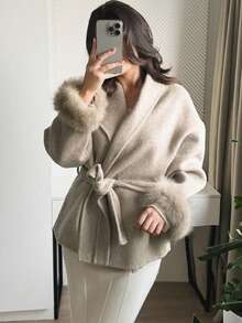 Romantic, Elegant, Minimalist Casual Fashion Commuter Long Sleeve Warm Coat, Solid Color Faux Fur Trim, Women Overcoat For Holiday, Evening Date, Office, Vacation, Autumn/Winter - Khaki - View 4