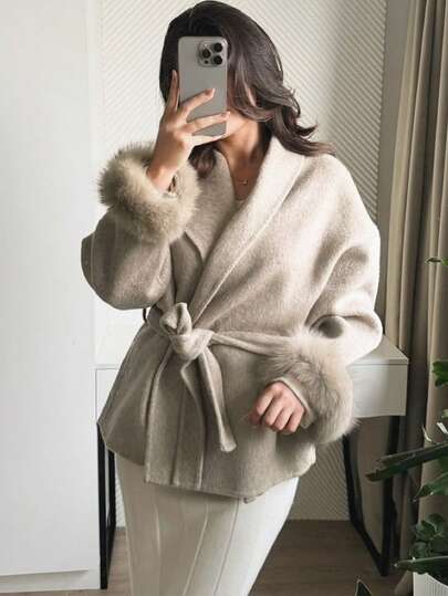 Romantic, Elegant, Minimalist Casual Fashion Commuter Long Sleeve Warm Coat, Solid Color Faux Fur Trim, Women Overcoat For Holiday, Evening Date, Office, Vacation, Autumn/Winter