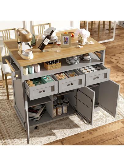 Sairedel Mobile Kitchen Isl Wheels Wood Grain 118x43 80x98 Cm, Grijs Multifunctional Storage Space, Removable Dividers Towel Rack Practical Dining Cart Cabinet view 3