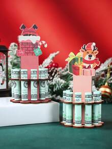 3pcs Christmas Wooden Money Holder Decoration Ornament, Charming Christmas Chimney Old Man Elk Pattern Wooden Money Holders, Festive Ornament Money Dispenser For Winter Holiday Party Decor, Christmas Ornament Money Holder