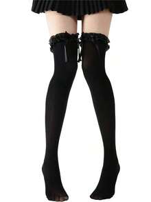 1 Pair Bow Lace Over-The-Knee Socks – Y2K Style Thigh High Socks, Perfect For Mini Skirts, Cute Kawaii Hosiery - 黑色 - 查看 3