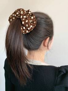 1 件波尔卡圆点超大发圈，厚灯芯绒纹理，多功能发饰，适合浓密的头发，秋冬颜色：米色、白色、黑色、发带、发圈 - 棕色白點 - 查看 5