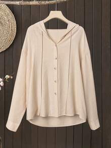 女士热销宽松纽扣连帽长袖衬衫式外套，适合度假/节日/海滩/乡村风格春季穿搭 - 卡其色 - 查看 2