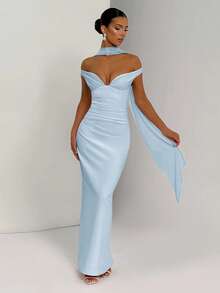 一件纯色露肩优雅修身飘逸鸡尾酒会连衣裙，适合婚礼、鸡尾酒会等场合。 - 淺藍色 - 查看 4