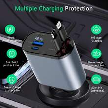 4 In 1 Retractable Car Charger,Super Fast Charging Car Charger Max 120W, Retractable Cable And 2 USB Ports Car Charger Adapter For IPhone 15 14 13 12 Pro Max, Galaxy S23 - Type-C 和 Lightning - 查看 7