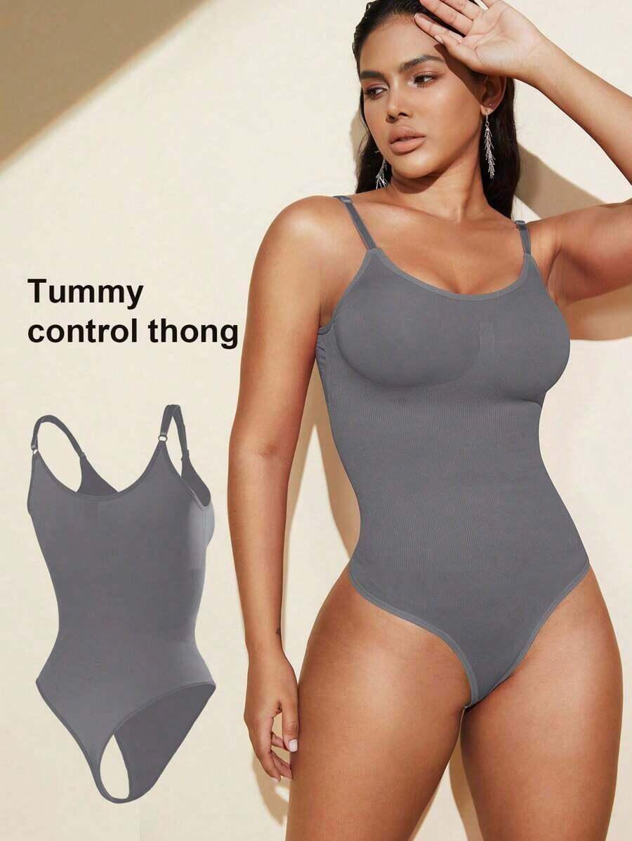 1pc Women Seamless Shaping Bodysuit With Thong Bottom, Slimming Bodyshaper Tummy Control Flat Belly Sheath Jumpsuit Shapewear Waist Trainer Shaper - 深灰色 - 查看 1
