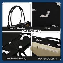 Women's Large Capacity Tote Bag, Black Canvas Batwing Tote Bag, Black Batwing Top Handle, Multi-Pocket Design, Reusable, With Detachable Shoulder Strap, Holiday Party Accessory, Holiday Gift. - 黑色 - 查看 6