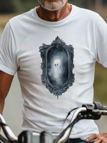 Haunting Ghost Mirror, Classic Shirt, Men Tshirts, Great For A Game Of Volleyball On The Beach, Casual T-Shirt Graphic Tees, 100 Percent Cotton Shirts, White Street Graphic Tees, Men's T-Shirt, Funny Graphic Vintage T Shirts, S-XXXL - 白色-1 - 查看 2