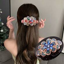 1 pieza Clip de pelo con decoración de cristal elegante estilo coreano, accesorio de pelo con pinza de primavera con estampado de flores elegante de aleación de zinc, adecuado para trabajo, viajes, fiestas, compras, citas, salidas, accesorio esencial, pinzas de garra
