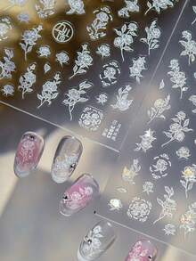 Glänzende geprägte Vintage Mondlicht Rose Blume 5D Nagel Aufkleber Weiße botanische Blütenblätter Bezaubernde florale Motive Gotisch Elegant Maniküre Kunst Selbstklebende Aufkleber Dekoration