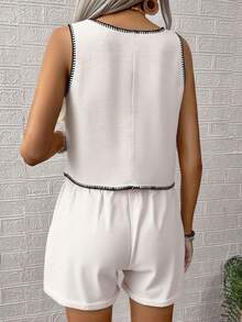 Conjunto de 2 piezas informal de verano de mujeConjunto de top y shorts de unicolor para damas, perfecto para vacaciones/tiempo libre - Blanco - Ver 3