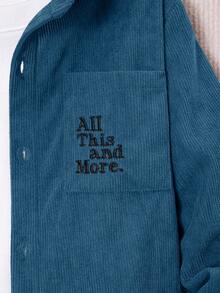 2 件套年轻男孩街头休闲纯色灯芯绒字母刺绣口袋长袖衬衫和纯色裤子套装，适合日常聚会、度假和户外活动 - 水鴨藍 - 查看 4