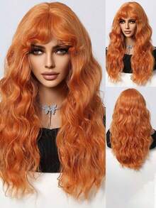 26英寸脏橙色长卷发假发，浪漫美丽的合成发假发和刘海假发，适合日常生活和派对。万圣节假发 - 橘色 - 查看 2