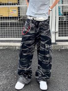 1pc American Casual Street Style Men's Hand-Painted Cargo Pants, Wide Leg Relaxed Fit Versatile Jeans, Patchwork Design, Suitable For All Seasons (Belt And Accessories Not Included) - Black - View 5