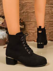 秋冬新款粗跟系带黑色靴子，女士优雅百搭金属扣侧拉链踝靴 - 黑色 - 查看 7