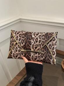 Leopard Print & Solid Color Sequin Decor Minimalist Casual PU Clutch Envelope Bag - Coffee - View 8