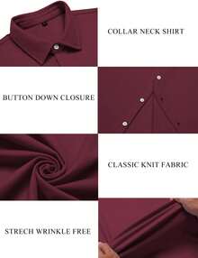 URRU Men's Muscle Dress Shirts Collared Stretch Short Sleeve Casual Button Down Shirts For Men - 酒紅色 - 查看 5