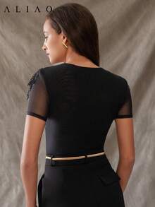 Aliao 优雅亮片复古上衣，适合节日、鸡尾酒会、婚礼宾客、外出、哥特风、派对活动、老钱风格、宫廷风格，吸睛百搭，优雅日常，万圣节休闲风 - 黑色 - 查看 5