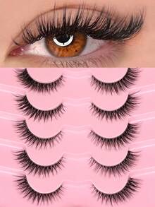 Rikuaild 7 Pairs Natural Looking Wispy Curly Cat Eye Transparent Stem False Eyelashes Faux Mink Lashes For Daily Reusable, Suitable For Beginners