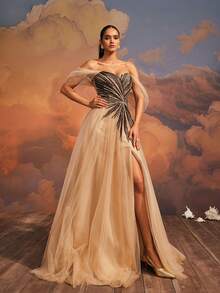 VIPGIRL 奢华香槟金露肩亮片层叠薄纱高开衩露背系带长裙，适合女性，梦幻晚礼服，适合舞会和宴会，优雅连衣裙，舞会礼服，梦幻设计，薄纱袖子 - 卡其色 - 查看 7