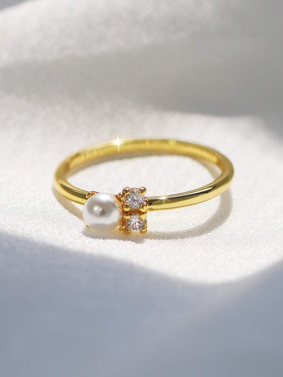 Charm-In 1 pieza Anillo de piedra de circonita geométrica de latón chapado en oro de 18K con estilo minimalista y de moda, disponible en múltiples tallas, adecuado como regalo para amigos, familiares y ocasiones especiales