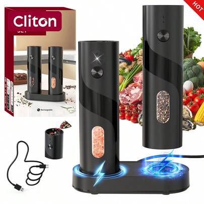 CLITON Máy xay muối và tiêu điện - Có tùy chọn gói đơn/gói đôi, dùng pin hoặc sạc điện - Xay tự động, có đèn LED, thao tác bằng một tay, đế sạc có đèn - Vật dụng thiết yếu cho các bữa tiệc Giáng sinh, bữa tối Lễ Tạ ơn, lễ đón năm mới và các buổi họp mặt ngày lễ.