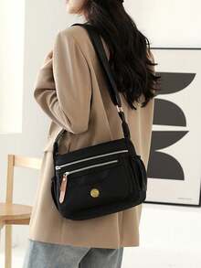 1PC Women's Multi-Layer Shoulder Bag With Large Capacity Anti Splash Nylon Crossbody Bag For Women's Casual Mobile Phone BagSuitable For Shopping, Wallet, Shopping, Young Women, College Students, Newcomers, White-Collar Workers. Very Suitable For Office, College, Work, Business, Commuting, Outdoor Activities, Travel And Outings - Black - View 4