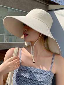 1pc New Neck-Protecting Sun Hat, Women's Sun, Face & UV Protection, Large Brim For Summer, Spring & Autumn Outdoor Bucket Hat, Suitable For Outdoor Sports & Gatherings, Solid Color Casual Polyester Fall