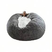 Bean Bag Cover - Big Round Soft Fluffy PV Velvet Sofa Bed Cover For Living Room, Lazy Sofa - 5ft Snow Gray - 深灰色 - 查看 1