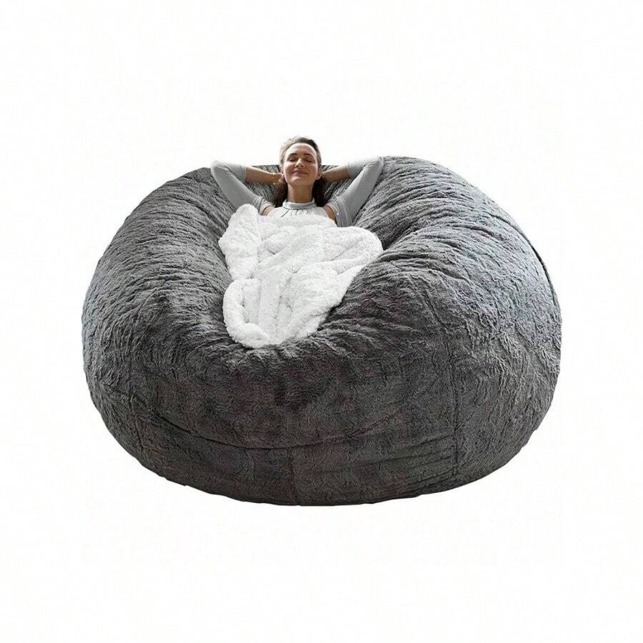 Bean Bag Cover - Big Round Soft Fluffy PV Velvet Sofa Bed Cover For Living Room, Lazy Sofa - 5ft Snow Gray - 深灰色 - 查看 1