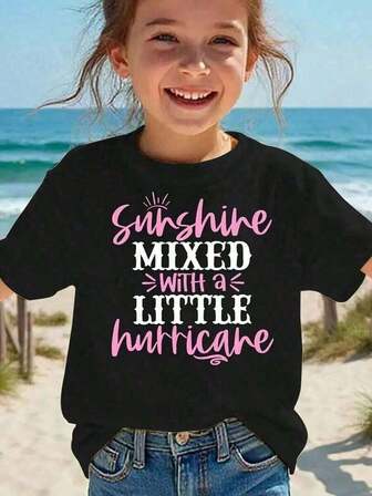Girls' Summer Short Sleeve T-Shirt - "Sunshine MIXED With A LITTLE Hurricane" Graphic Print, Vibrant Pink Casual Round Neck Top, Lightweight Knit Fabric For Playful Casual Attire NYDX3914, Shirts For Girls, Beach Outing Attire, Comfortable Fit Tee Graphic Tees Boy Shirts Funny Shirts All Saints' Day Back To School Clothes Boys Girls School Clothes Christmas Printed & Shipped In USA