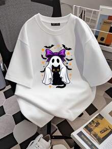 180g pure Cotton Spooky Ghost Holding Black Cat Cute Bats Halloween Goth T-Shirt Stylish T-Shirt For Women Casual designer clothes Summer women Slightly Print Round Neck Short Sleeve Top For Everyday Wear streetwear Versatile Casual female graphic Unisex Comfortable - Blanco - Ver 3