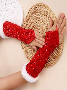 1 Pair Fashionable Versatile Red Sequin Stage Performance Party Formal Gloves, Warm - Red - View 3