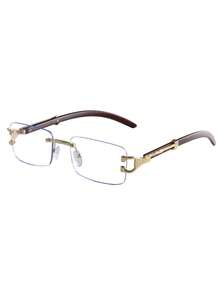 Men's Metal Frameless Wooden Grain Leg Vintage Elegant College Style Clear Lens Glasses, Suitable For Daily Commute, Outfit Matching, Photography, Outdoor Vacation, Also A Great Back-To-School Gift, Perfect For Halloween, Christmas, Easter, Valentine's Day, Independence Day, Thanksgiving, New Year
