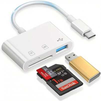 1个USB-C SD卡读卡器适配器，Type-C Micro SD/TF三合一适配器，兼容笔记本电脑、iPad、PC、智能手机、相机