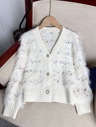 Maglione in maglia a pois in finta pelliccia di visone per donna, cardigan casual e morbido, adatto per l'autunno/inverno