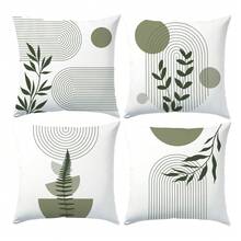Set 4 buah Sarung Bantal Minimalis Abstrak Garis Hijau Daun Pola Geometris, Bahan Beludru Peach Cetak Satu Sisi, Ukuran 45*45/50*50/40*40CM, Cocok untuk Dekorasi Ruang Tamu Sofa Minimalis Modern, Hadiah, Dekorasi Pesta - MultiWarna - View 13