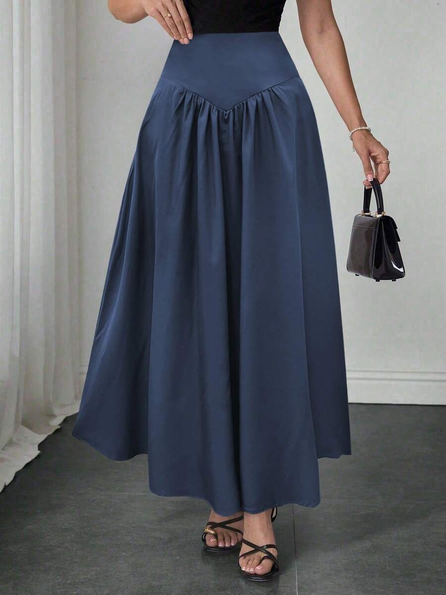 Elegant Women's A-Line Skirt, Suitable For Dates, Student Wear, Daily Travel, Versatile, Casual, Beach And Other Occasions. Elegant And Casual Women's A-Line Skirt, Solid Color, Waist-Shaping, Pleated Design, Woven Fabric, Available In Multiple Colors, Suitable For Outings And Can Also Be Worn As Loungewear. - Navy Blue - View 1