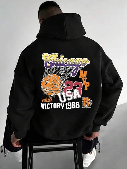 大码男士创意“篮球”英文数字图形印花休闲金属拉链连帽卫衣，秋冬